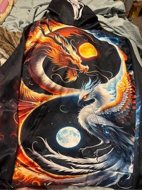 Men's Black Hooded Sweatshirt with Fiery Dragon & Celestial Phoenix Graphic